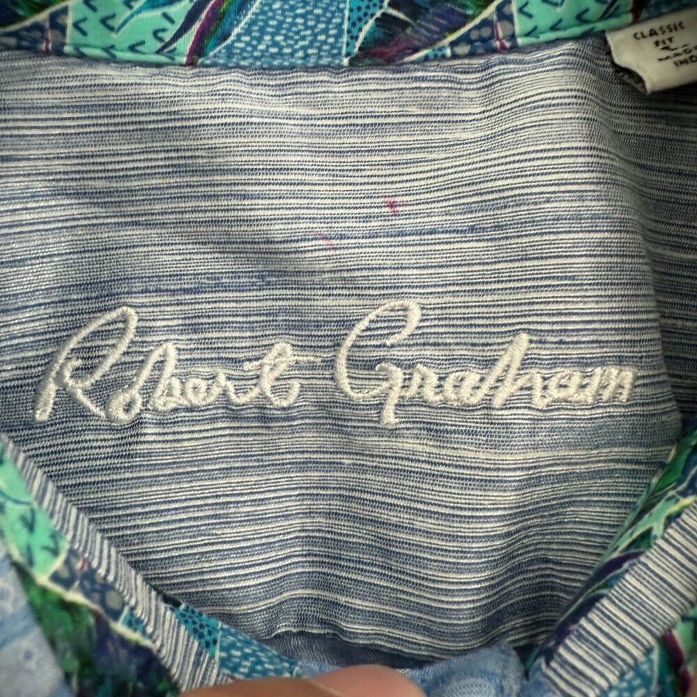 Robert Graham Shirt Mens L Blue Geoemetric Classic Fit Linen Blend Flip Cuff - Picture 3 of 12